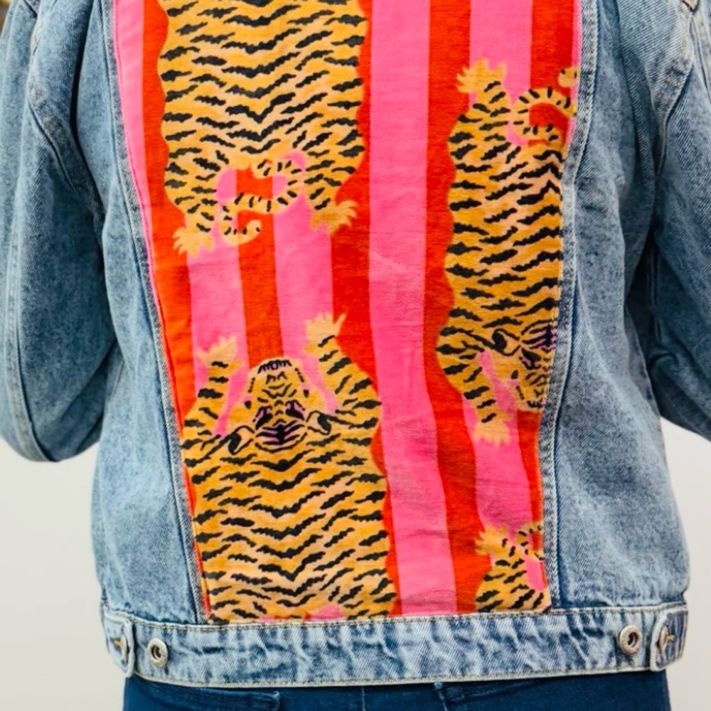 Women's Denim Jacket with Pink and Orange Tiger Print